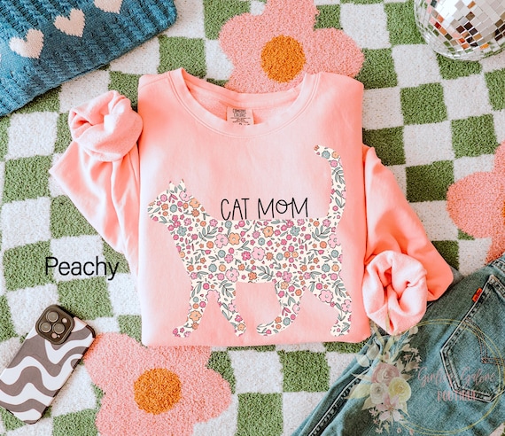 Comfort Colors® Cat Mom Sweatshirt, Cute Cat Sweatshirt, Floral Cat Shirt, Cat Mama Women Sweatshirt, Gift For Cat Lover, Cat Mom Sweatshirt