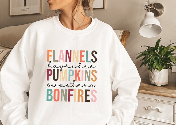 Fall Sweatshirts For Women, Flannels Hayrides Sweaters Bonfires Shirt, Pumpkin Patch Crewneck Sweatshirt, Cute Fall Pullover, Thanksgiving