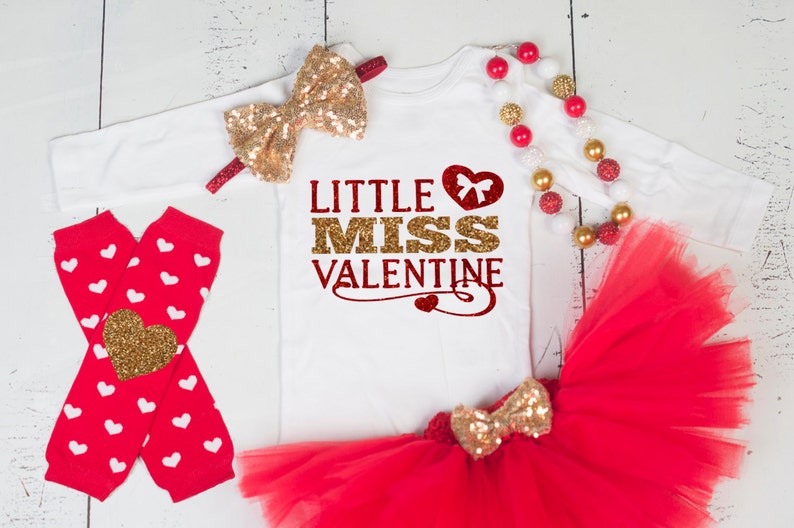 First Valentines day Girls Valentine Outfit LITTLE MISS VALENTINE Baby Girl Tutu Outfit,Red Gold Glitter Valentine/'s Day outfit