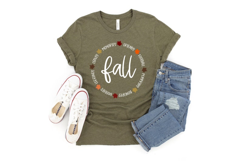 Fall Shirt, Fall Friends Football Pumpkins Bonfires Hoodies Leggings Leaves Memories Tshirt, Fall Words, Fall Lover, Fall Obsessed Heather Olive