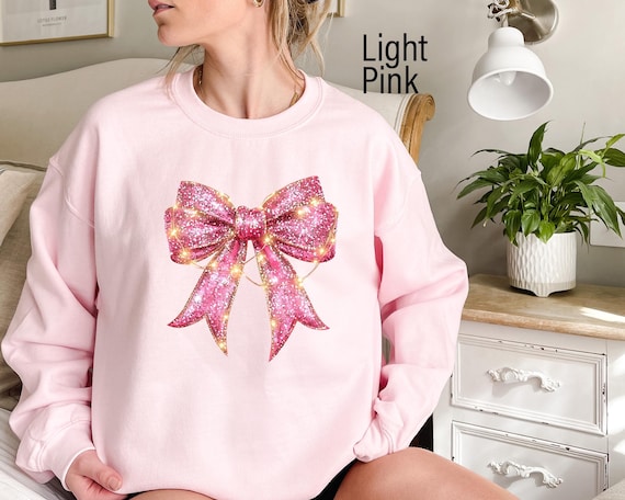 Pink Bow Sweatshirt, Coquette Girl Sweatshirt, Feminine Christmas Lights Bow Crewneck, Pink Ribbon Soft Girl Girly Aesthetic, Xmas Shirt