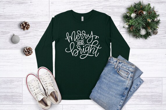 Christmas Shirts For Women,Merry and Bright Christmas Shirt,Cute Christmas Top,Ladies Long Sleeve Christmas Tee,Adult Christmas Shirt Quotes