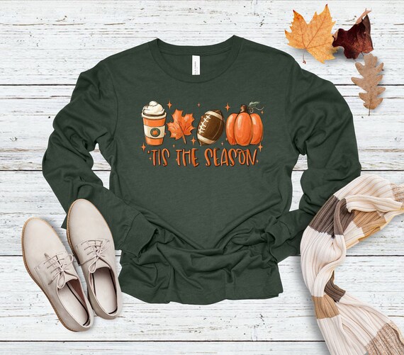 Fall Long Sleeve Tee, Tis The Season Pumpkin Football Leaf Coffee Shirt, Pumpkin Patch Shirt, Long Sleeve Autumn Shirt, Long Sleeve Tee