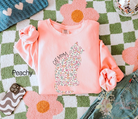 Comfort Colors® Cat Mom Sweatshirt, Cute Cat Sweatshirt, Floral Cat Shirt, Cat Mama Women Sweatshirt, Gift For Cat Lover, Cat Mom Sweatshirt