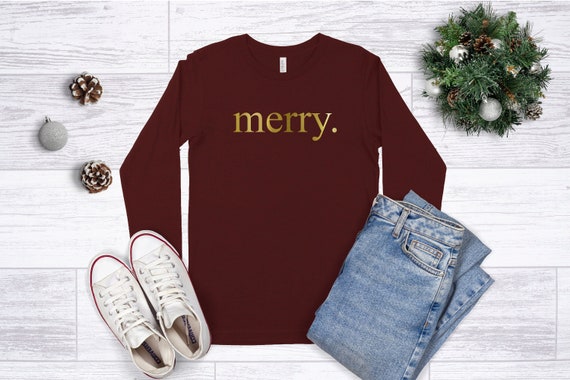 Christmas Shirts For Women,Merry. Typewriter Font Christmas Tshirt,Merry Shirt,Ladies Long Sleeve Holiday Tshirt,Christmas Gift