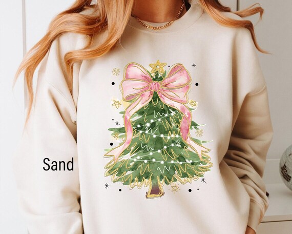Christmas Tree Bow Shirt, Pink Christmas Sweatshirt For Women, Christmas Tree Shirt, Christmas Coquette Christmas Shirt, Pink Christmas Tree