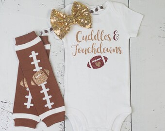 Baby Girl Football Outfit, Football Baby Shirt, Cuddles and Touchdowns, Football Bodysuit, Football Headband, Baby Football Outfit