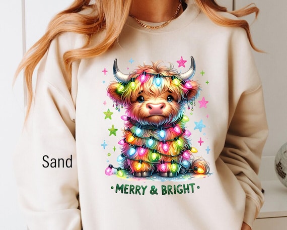 Neon Christmas Cow Sweatshirt, Cow Lights Sweater, Cow Women Sweatshirt, Cow Lover Shirt, Christmas Sweatshirt, Highland Cow, Merry & Bright