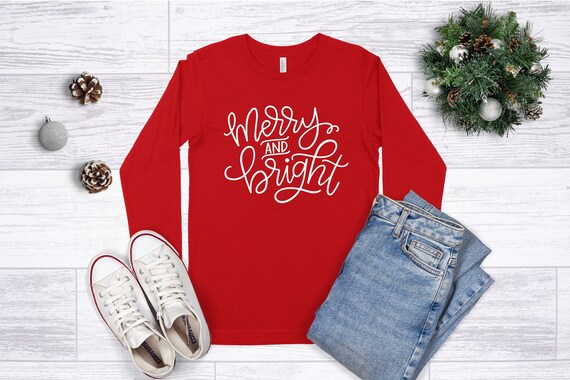 Christmas Shirts For Women,Merry and Bright Christmas Shirt,Cute Christmas Top,Ladies Long Sleeve Christmas Tee,Adult Christmas Shirt Quotes