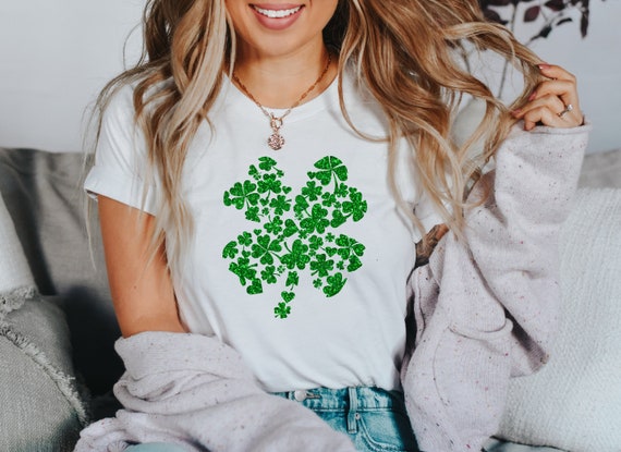 Four Leaf Clover St Patricks Day Shirt, Glitter Shamrock Tee, St Paddy's Day T-Shirt, Womens St. Pattys Day Irish Shirt, St Patricks Day