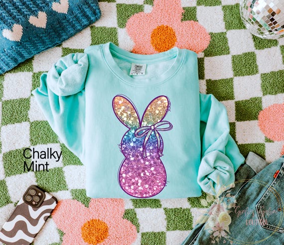 Comfort Colors® Faux Glitter Easter Bunny Shirt, Doodle Bunny Bow Shirt, Cute Easter Sweatshirt, Sequin Easter Bunny Tee For Women Sweater