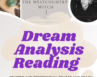 May include: A promotional graphic for "The Westcountry Witch" offering dream analysis readings. The text is in purple and white against a beige background. The image includes a photo of a person and mentions 20 years of experience.