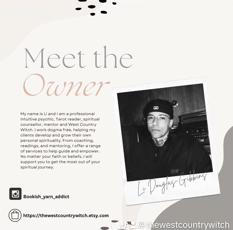 May include: An image with the text "Meet the Owner" and a black and white photo of a person wearing glasses and a cap. The text below describes the owner as a psychic, Tarot reader, and spiritual counselor. Social media handles are also included.