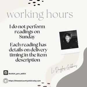 May include: A beige graphic with the text "working hours" and other text. A black and white photo of a person is on the right. The text states that readings are not performed on Sundays and details are in the item description.