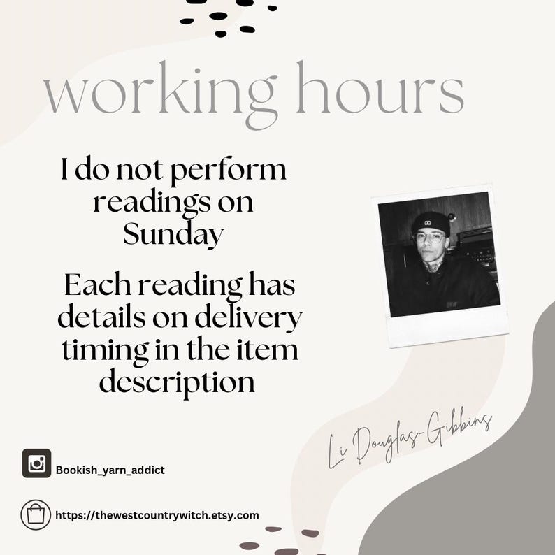 May include: A beige graphic with the text "working hours" and other text. A black and white photo of a person is on the right. The text states that readings are not performed on Sundays and details are in the item description.