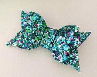 mermaid hair bow, glitter hair bow, peacock hair clip, sparkly hair slide, baby headband, toddler hair bow, green hair band, fringe bow