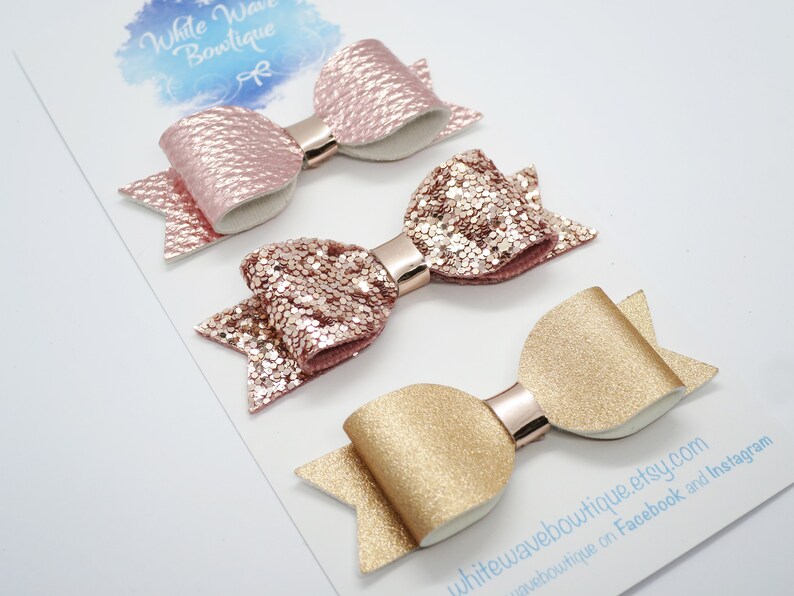 Rose Gold Bows Small Hair Clips Sparkly Hair Bows Glitter Etsy
