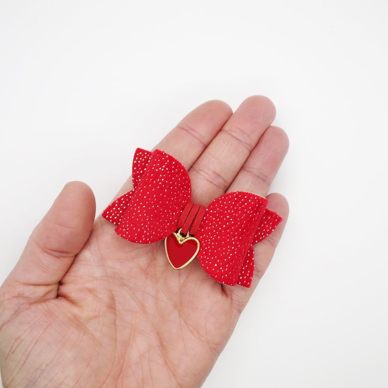 Red hair slide Heart charm bow Velvet hair bow Valentines hair bow silver dots clip ponytail bows baby headband sparkly hair bow