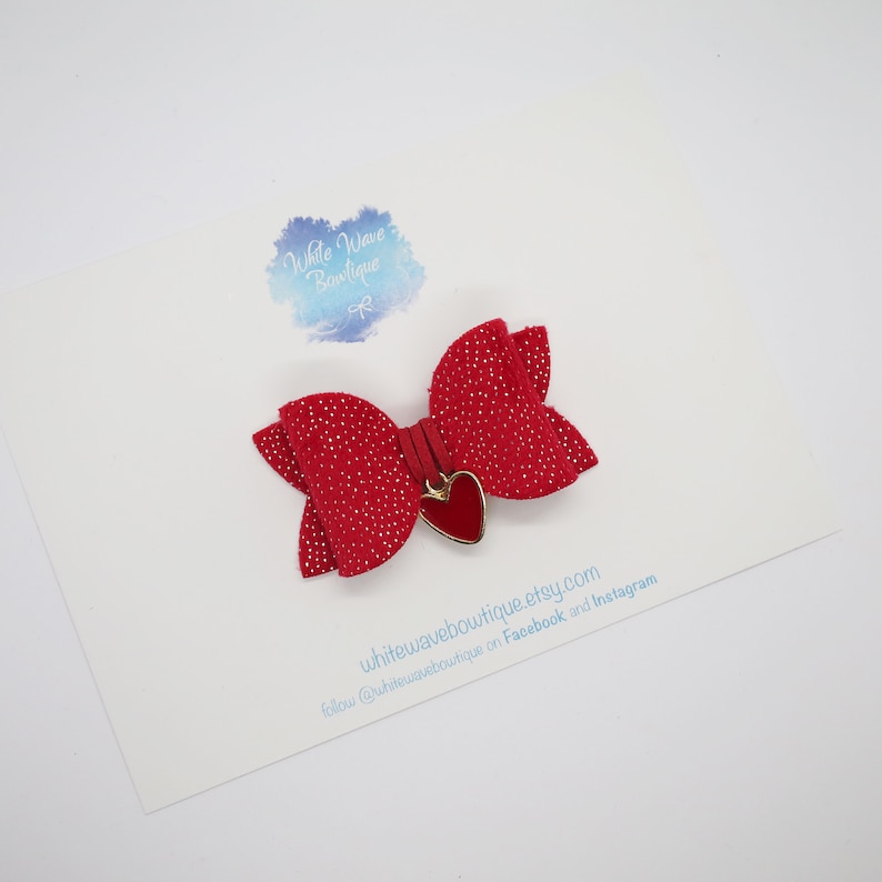 Red hair slide Heart charm bow Velvet hair bow Valentines hair bow silver dots clip ponytail bows baby headband sparkly hair bow