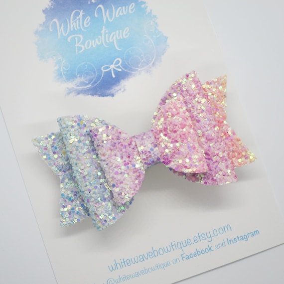 2 Pastel Rainbow Glitter Bow Clips Ombre Pinch Bows Gifts Hair Accessories 