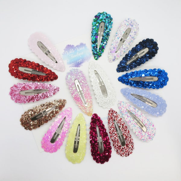 Glitter hair clip, Over 30 Colours, Scallop snap clip, fringe hair clip, glitter hair slide, toddler clip, school hair clip, glitter snap