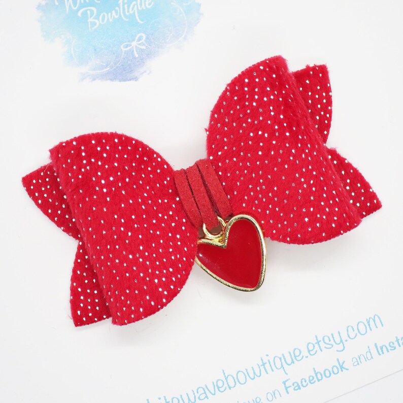 Red hair slide Heart charm bow Velvet hair bow Valentines hair bow silver dots clip ponytail bows baby headband sparkly hair bow