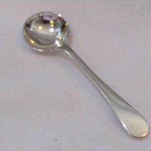 May include: A silver salt spoon with a round bowl and a long, slender handle.