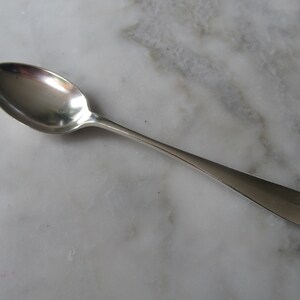 May include: A silver teaspoon with a rounded bowl and a long, slender handle.
