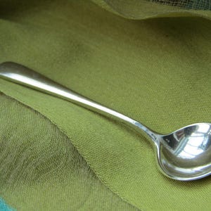 May include: A small, silver spoon with a rounded bowl and a long, slender handle. The spoon is set against a green and olive-coloured fabric background, creating a contrast of textures and colours. The spoon's surface reflects the surrounding light.
