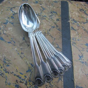 May include: A collection of silver spoons displayed on a marbled surface. The spoons feature a traditional design with a shell pattern at the handle's base. The spoons are shiny, and the surface has brown, blue, and yellow hues.