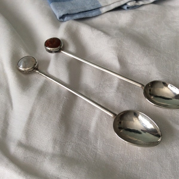 Coffee Spoons Silver Arts and Crafts - Agate - Pair  (105805E)