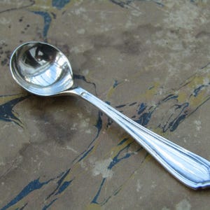 May include: A small, silver spoon with a rounded bowl and a long, decorative handle. The spoon is highly polished, reflecting the surrounding environment. The handle features a ridged design. The spoon is likely for serving condiments or spices.