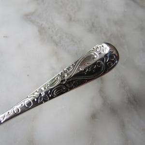 Puede incluir: Una cuchara de plata con un mango adornado con un patrón de paisley.