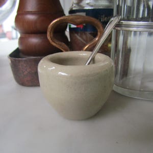 May include: A small, off-white ceramic salt cellar with a silver spoon inside. The salt cellar is round and has a smooth, slightly textured surface.