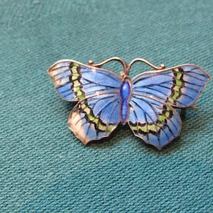 以下が含まれることがあります： 青と緑の羽のデザインが施された、詳細な蝶のブローチ。ブローチは金色の金属フレームと青いボディを持っています。羽は複雑な模様で、緑と白のディテールがアクセントになっています。ブローチはティール色の背景に配置されています。