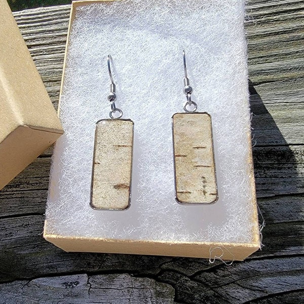 Real Birch Bark Rectangular,  Hypo-allergenic  Natural minimalist silver Earrings