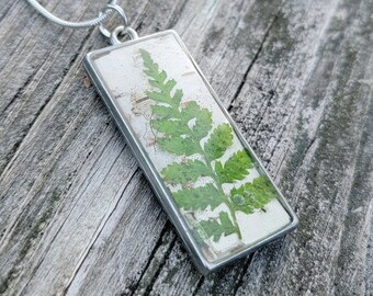 Silver Birch Bark Necklace with fern.  Nature. Minimalist.