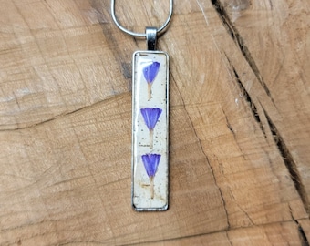 Silver Birch Bark Necklace with 3 Purple flowers Natural, Minimalistic. Purple Flowers.