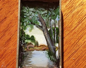 Lake Scene geschilderde hanger, miniatuur schilderij watertafereel met ketting.