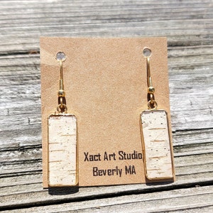 Birch Bark Earrings Rectangular Gold or Silver setting.   Natural Minimalist