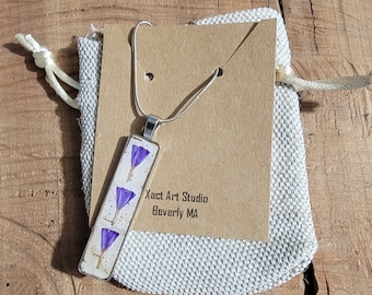 Birch Bark Silver Necklace with purple flowers, wearable art.