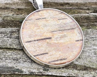 Natural Birch Bark Necklace Large Round minimalist silver