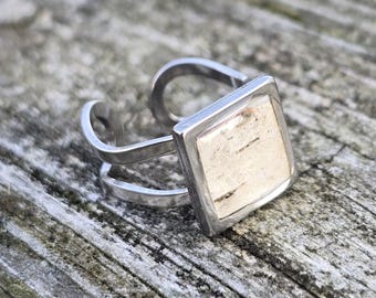 Natural minimalist birch bark silver ring Adjustable