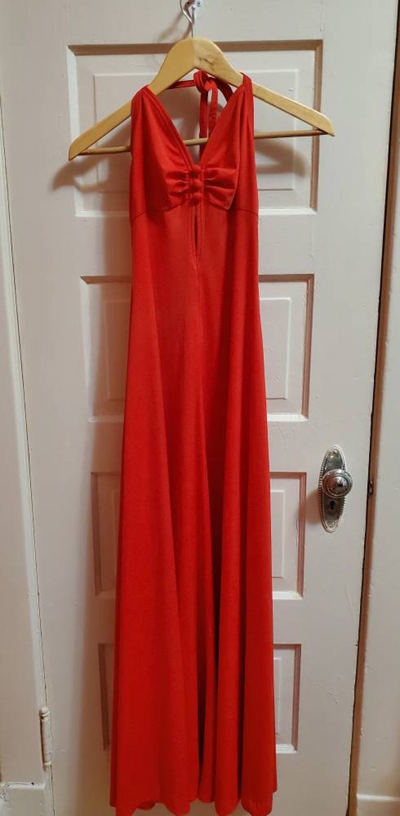 Lovely Red Disco Halter Top 1970s Maxi Dress