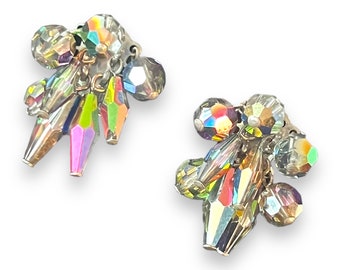 Dangle Aurora Borealis Clip On Earrings, Vintage Jewelry