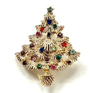 Pin, Christmas Tree Rhinestone Pin, Brooch 1970&#39;s Tree with Rhinestones