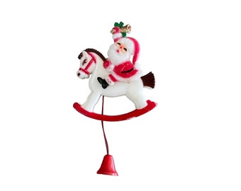 Santa on Rocking Horse Articulating Pin, Kitschy Christmas Pins, Holiday Brooch, Ugly Christmas Sweater Pin