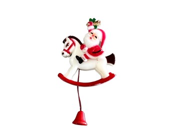 Santa on Rocking Horse Articulating Pin, Kitschy Christmas Pins, Holiday Brooch, Ugly Christmas Sweater Pin