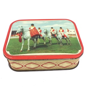 Tin, Vintage Small Metal Candy Tin with Horses, Metal Container Storage, Tin Made in England