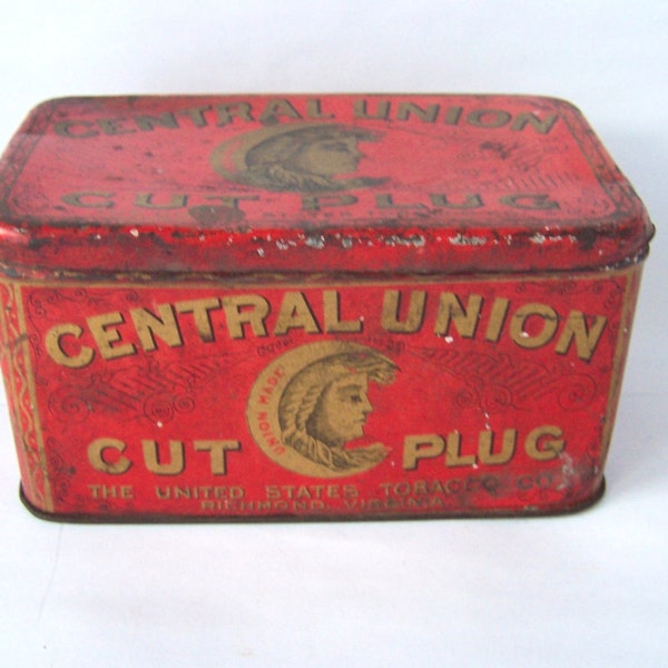 Tobacco Tin Central Union Cut Plug Tobacco Tin with attached lid, Vintage Tins, Tobacciana, Tobacco, Antique Tins, Collectible Tins